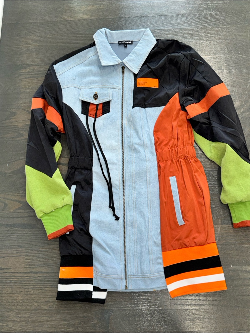 AKIRA Colorblock Utility dress in Light Blue, Orange, Black & Lime